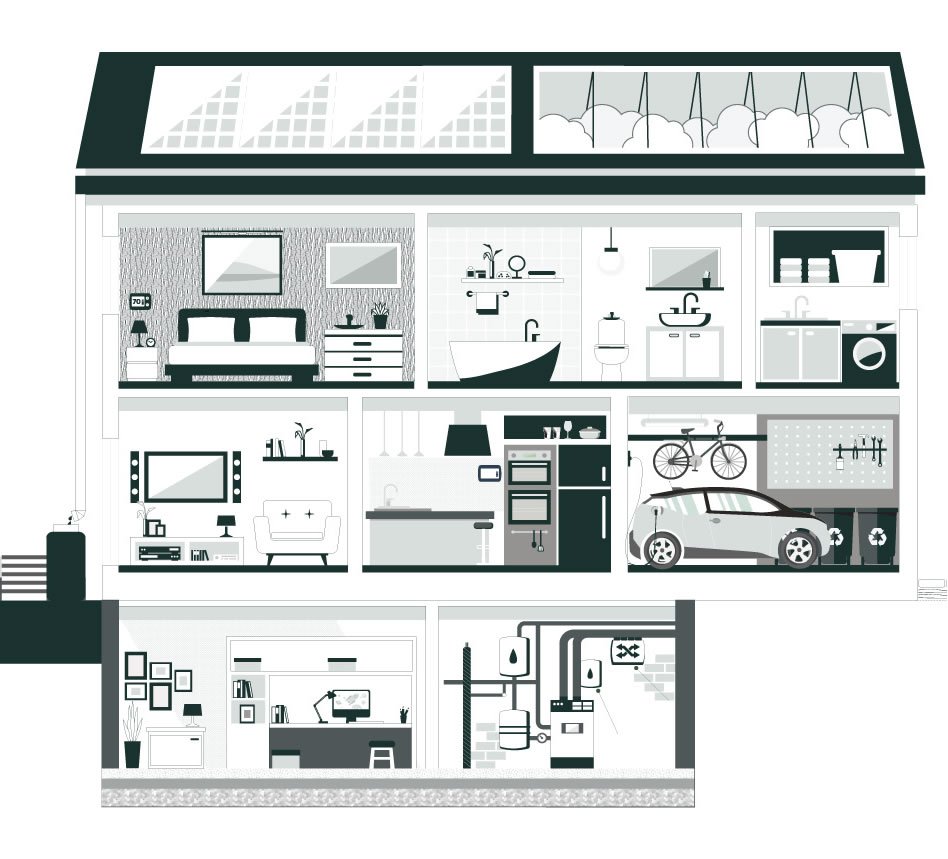 Cutaway illustration of a Net Zero Ready home showing solar panels, living spaces, and mechanical systems